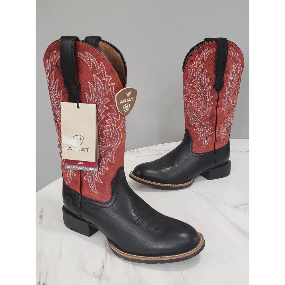 SIZE 7 Ariat Round Up Wide Toe StretchFit 12" Western Boot Black Red Cowboy‎